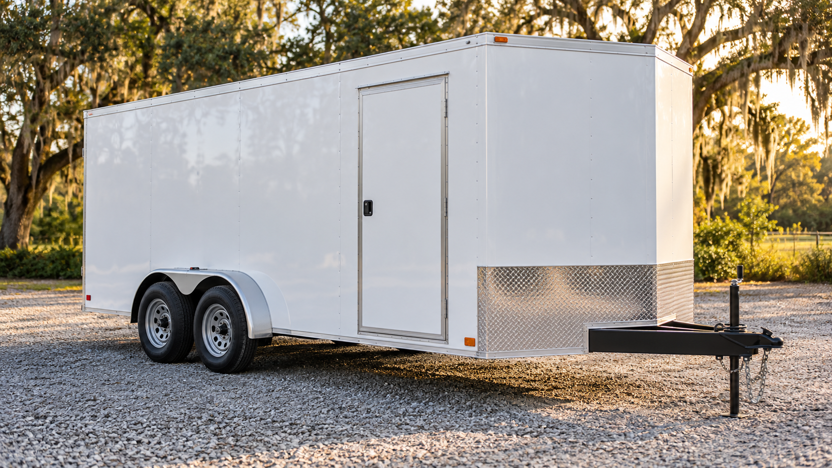 White enclosed cargo trailer parked at a Southern dealer lot